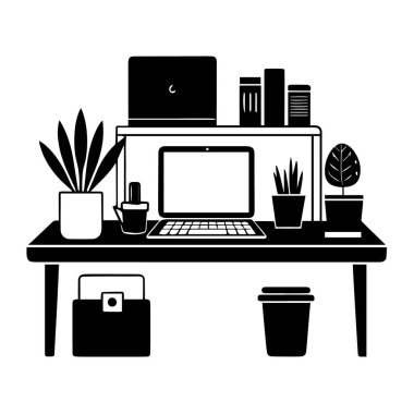 Bilgisayarı, bitkileri ve ofis malzemelerini beyaz arka planda izole eden modern bir masa kurulumunun minimalist siyah beyaz çizimi