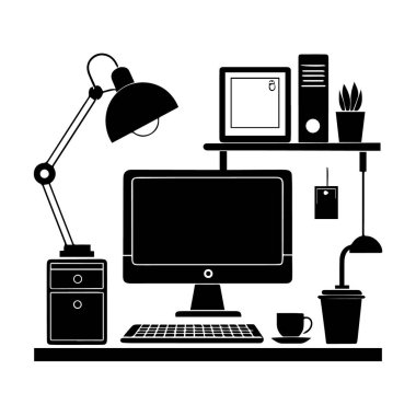 Minimalist ofis masası, bilgisayar, lamba, bitki ve kahve fincanı, beyaz arka planda izole edilmiş.