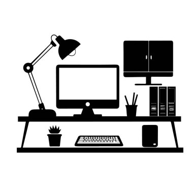 Bilgisayar, lamba, kitap ve bitki ile kurulmuş, üretkenliği ve çalışma alanını sembolize eden modern bir ofis masasının siyah beyaz çizimi