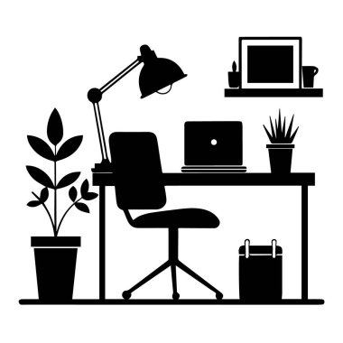 Minimalist ofis masası bir sandalye, lamba, dizüstü bilgisayar ve saksı bitkisi ile beyaz arka planda izole edilmiş.