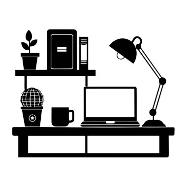 Masası ve rafı olan modern çalışma alanı, dizüstü bilgisayarı, lambası, bitkileri, kitapları ve beyaz arka planda izole edilmiş bir kupası var.