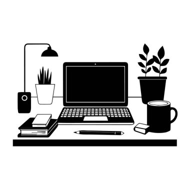 Bilgisayarı, lambası, bitkileri, kitapları, kupası ve kalemi olan temiz ofis masası beyaz arka planda izole edilmiş.