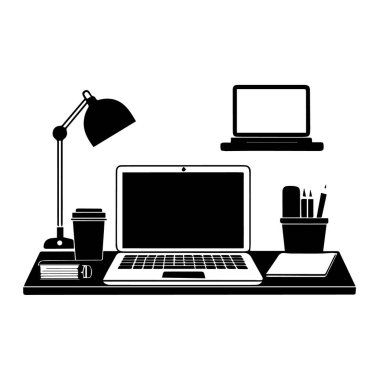 Laptop, lamba, kahve fincanı ve kırtasiye malzemesi ile beyaz arka planda izole edilmiş modern bir masa düzeninin minimalist siyah beyaz çizimi
