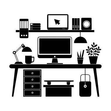 Bilgisayarı, lambası, bitkisi ve deposu olan, beyaz arka planda izole edilmiş modern bir ofis masasının minimalist siyah beyaz çizimi