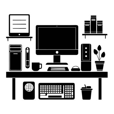 Masaüstü bilgisayarı, dizüstü bilgisayarı, klavyesi ve aksesuarları beyaz arka planda izole edilmiş modern bir çalışma alanının minimalist siyah beyaz çizimi