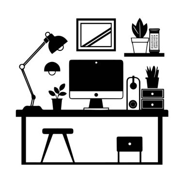 Bilgisayarı, lambası, bitkileri ve deposu olan, beyaz arka planda izole edilmiş bir ofis masasının modern siyah beyaz çizimi