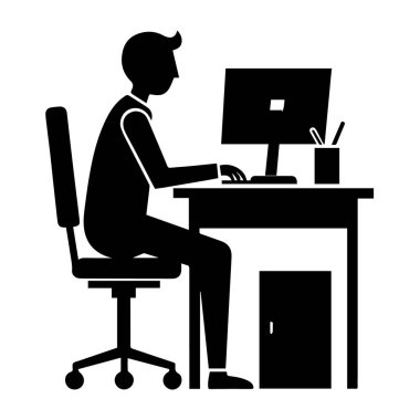 Masada oturan ve bilgisayar klavyesine yazı yazan beyaz arka planda izole edilmiş bir adamın silüeti.