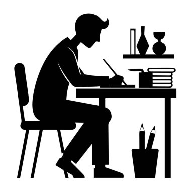 Masada oturan ve kalemle yazan bir adamın silüeti. Rafta kitap ve vazolar var, beyaz arka planda izole edilmiş.