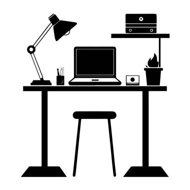 Beyaz bir arka planda, dizüstü bilgisayar, lamba ve bitki ile modern bir masa düzeninin siyah beyaz bir çizimi.