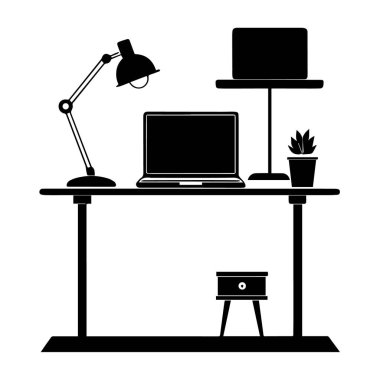 Beyaz bir arka planda, dizüstü bilgisayar, lamba ve bitki ile modern bir masa düzeninin siyah beyaz bir çizimi.