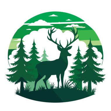 Yeşil bir geyik silueti. Büyük boynuzları olan yeşil bir geyik. Çam ağaçları ve bulutlarla dolu bir orman manzarasında duruyor.