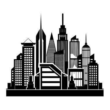 Farklı gökdelenleri ve binaları olan modern şehir manzarası silueti beyaz arka planda izole edilmiş siyah ve beyaz bir siluet.