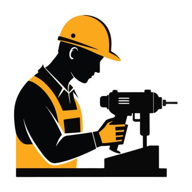 Beyaz arka planda izole edilmiş matkap kullanan kasklı bir işçinin silüeti.