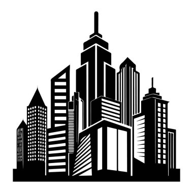 Beyaz arka planda izole edilmiş sayısız gökdelenli modern şehir silueti