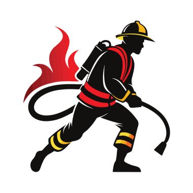 İtfaiyecinin silueti, arkasında alevler olan bir hortum tutuyor, beyaz bir arka planda izole edilmiş.