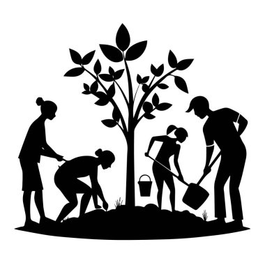 Çeşitli bir grup insan birlikte ağaç dikiyor, toplumu, büyümeyi ve çevreyi koruma çabalarını sembolize ediyorlar.