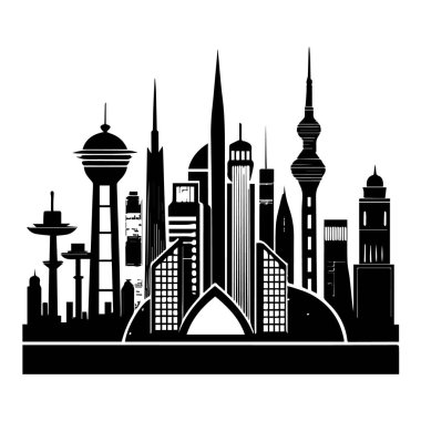 Farklı gökdelenleri ve mimari tasarımları olan modern şehir manzarası beyaz arka planda izole edilmiş.