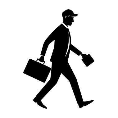 Takım elbiseli bir işadamının silueti beyaz arka planda izole edilmiş evrak çantası ve evrak ile yürüyor.