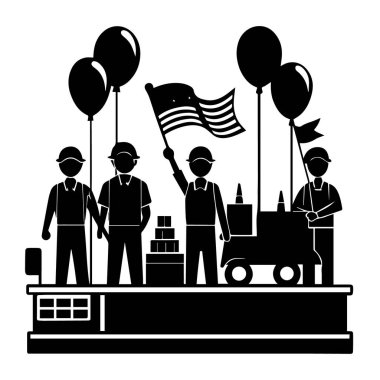 Beyaz arka planda izole edilmiş bir açık hava etkinliğinde Amerikan bayrağı ve balonlarıyla kutlama yapan bir grup insan.