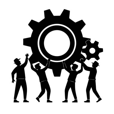 Beyaz arka planda izole edilmiş, işbirliğini ve takım çalışmasını sembolize eden, büyük bir teçhizat taşıyan insanlardan oluşan bir ekip.