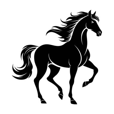 Beyaz arka planda izole edilmiş yelesi ve kuyruğu olan güçlü siyah bir at.