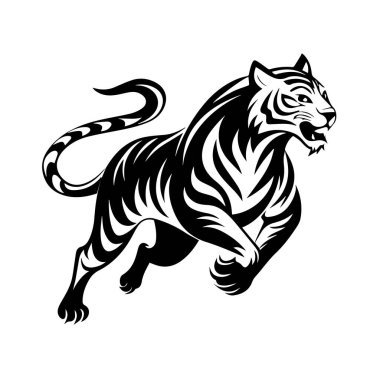 Beyaz arka planda izole edilmiş siyah beyaz bir kaplan silueti gücü ve vahşi doğayı simgeliyor.