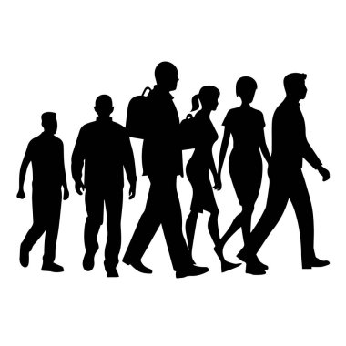 Beyaz arka planda izole edilmiş, toplumu ve hareketi temsil eden farklı bir grup insanın siyah ve beyaz silueti.