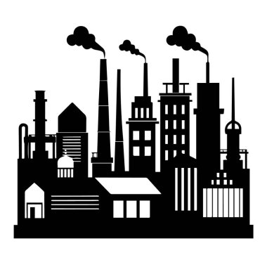 Tüten bacaları ve endüstriyel binaları olan endüstriyel fabrika silueti üretim ve üretim süreçlerini temsil ediyor.