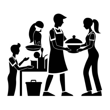 Birlikte yemek servisi yapan insanlar, toplum hizmetini sembolize eden, yemeklerini paylaşan, nezaket ve misafirperverlik gösteren insanlar.