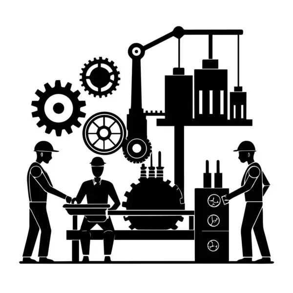 Üretimdeki takım çalışması, üretim ve sanayi süreçlerini sembolize eden makine ve ekipman üreten fabrika işçileri