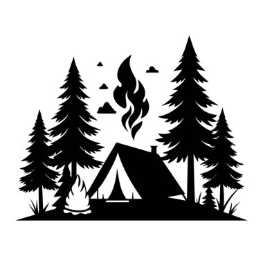 Karanlık orman teknolojisi arka planında çadır, kamp ateşi ve çam ağaçlarıyla çevrili bir duman sahnesi.