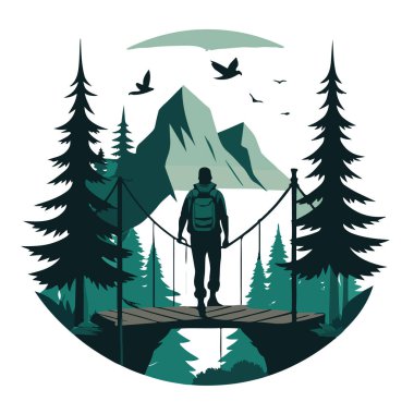 Sırt çantalı bir yürüyüşçü, ağaçlar ve dağlarla çevrili asma bir köprüde duruyor. Açık hava macera teknolojisine yelken açıyor.