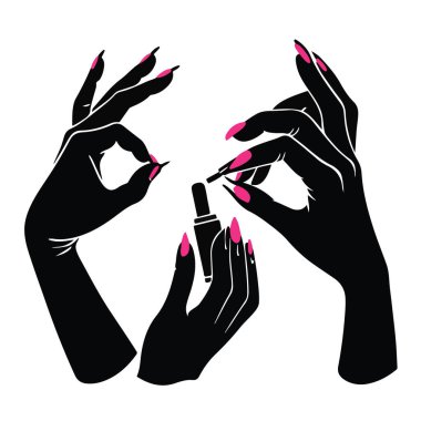 Beyaz arka plan teknolojisine izole edilmiş pembe tırnak cilası sürerken siyah siluet.