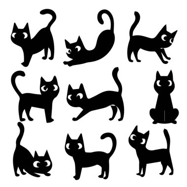 Beyaz arka plan teknolojisi arka planında izole edilmiş, çeşitli eğlenceli ve şirin pozlarda dokuz siyah kedi silueti koleksiyonu