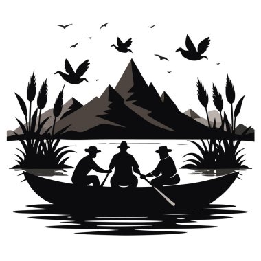 Suda bir teknede üç kişi, arka planda dağlar ve kuşlar, siyah beyaz siluet çizim teknolojisi arka planında