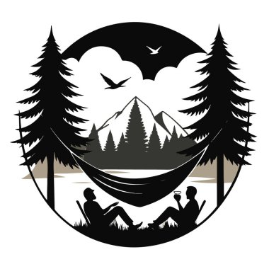 İki insan hamakta ağaçlar arasında dinleniyor, Dağ ve göl manzaralı içeceklerin tadını çıkarıyor, dairesel siluet tasarım teknolojisi arka planında.