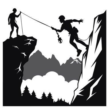 İki dağcı dik bir dağ yamacında iple kayarak ilerlerken, dinamik bir siluet çizim teknolojisi arka planında takım çalışması ve macera sergiliyorlar.