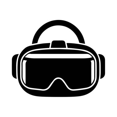 Geniş mercekli ve kayışlı sanal gerçekliğin siyah silueti beyaz arka plan teknolojisi arka planında izole edilmiş.