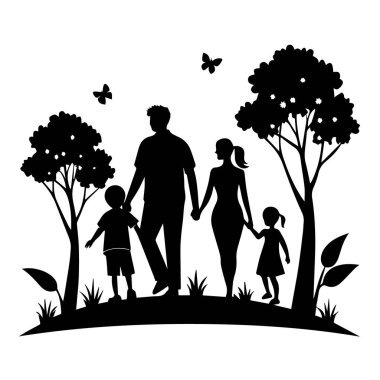 Ağaçlar ve kelebeklerle dolu bir parkta birlikte yürüyen mutlu bir ailenin silueti beyaz arka planda izole edilmiş bir teknoloji geçmişi var.