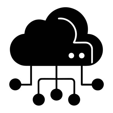 Veri ağı teknolojisini temsil eden siyah bulut hesaplama simgesi ve beyaz arkaplan teknolojisinde izole edilmiş dijital bağlantı