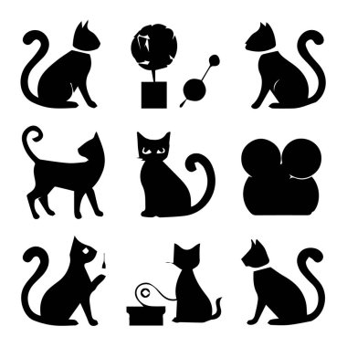 Çeşitli şekillerde siyah kedi siluetleri koleksiyonu beyaz arka plan teknolojisi arka planında izole edilmiş.