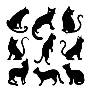 Çeşitli pozlarda dokuz siyah kedi silueti koleksiyonu, farklı kedi davranışları ve formları sergiliyor, beyaz arka plan teknolojisi arka planında izole edilmiş.