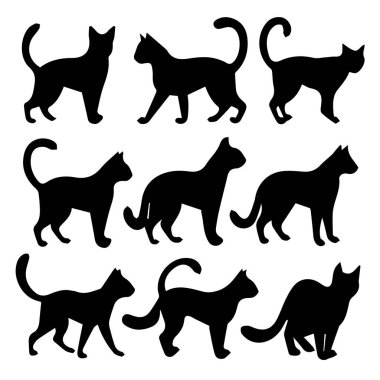 Farklı dinamik pozlarda dokuz siyah kedi silueti beyaz arka planda izole edilmiş kedi hareketlerini ve aktivitelerini gösteriyor.