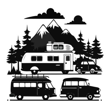 Eski kamp araçları, karavanlar ve araçların toplanması macerayı ve yol gezilerini sembolize eden dağ ve ağaçlardan oluşan bir zemin üzerine kurulmuştur.