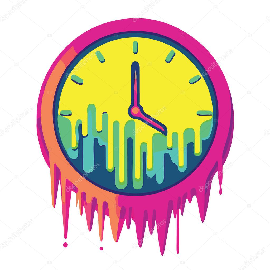 Melting clock illustration with vibrant dripping colors, symbolizing time distortion, isolated on white background technology background