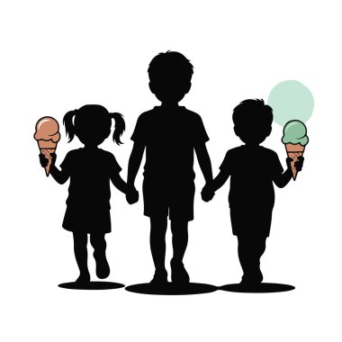 Üç çocuk silueti el ele tutuşup dondurma yiyorlar, beyaz arka plan teknolojisinde soyutlanmışlar.