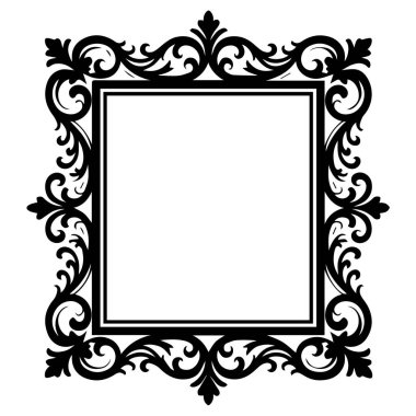 Dekoratif kaydırma ve çiçek elemanları ile dekoratif siyah kare çerçeve, beyaz arkaplan teknoloji arka planı izole