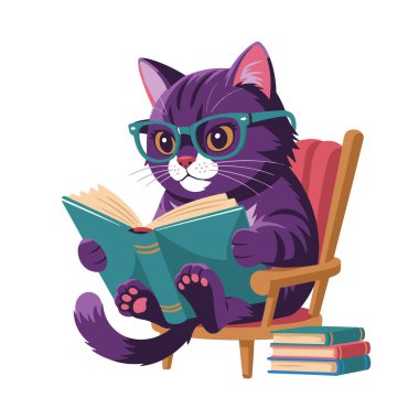 Gözlüklü şirin bir mor kedi bir sandalyeye oturur ve beyaz arka plan teknolojisinde izole edilmiş bir kitap okur.