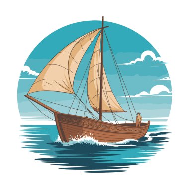 Bronz yelkenli ahşap bir yelkenli mavi gökyüzünün altında süzülüyor. Teknoloji arka planında bulutlar var.