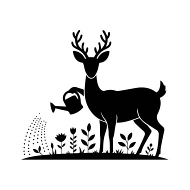 Geyik silueti, bahçedeki çiçekleri suluyor, arka planda beyaz arka planda izole edilmiş bir şekilde.